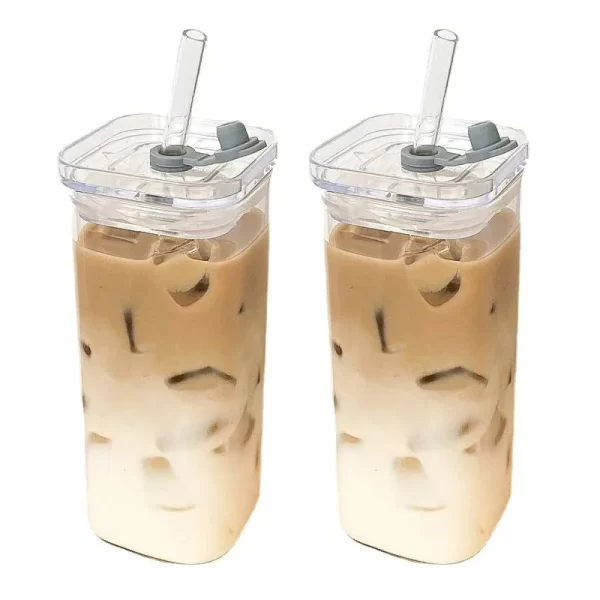 1Pcs Square Heat-Resistant Coffee Glass Cup with Lid and Straw Transparent