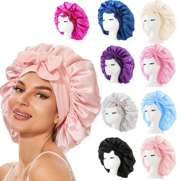 Satin Silk Bonnet Adjustable for Sleeping with Tie Band for Women & Men