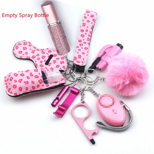 11pcs Self-Defense Keychain Set with EMPTY Pepper Spray Bottle Girl's Safety Protection Set
