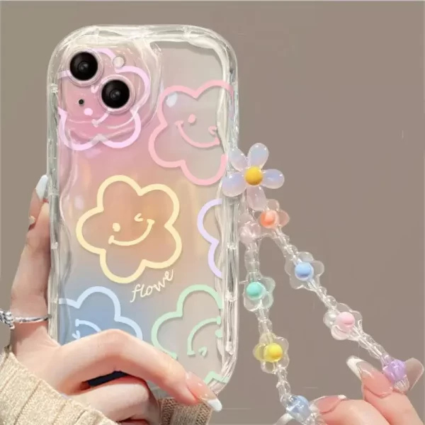 Phone Case For iPhone Back Cover Flower Bracelet Wrist Chain Strap