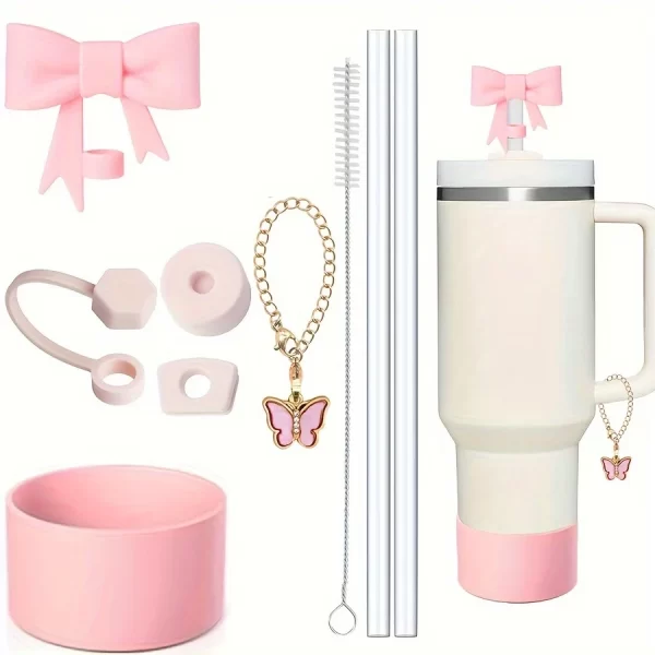 9 pcs Accessories for Stanley 40oz Tumbler Cup Spill Proof Stopper 10mm Straw Cover Cap Silicone Boot Charm Chain Straw and Brush