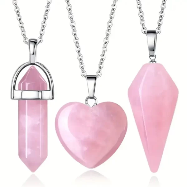 3 pcs Rose Quartz Necklaces Pendants Set for Spiritual Energy Reiki