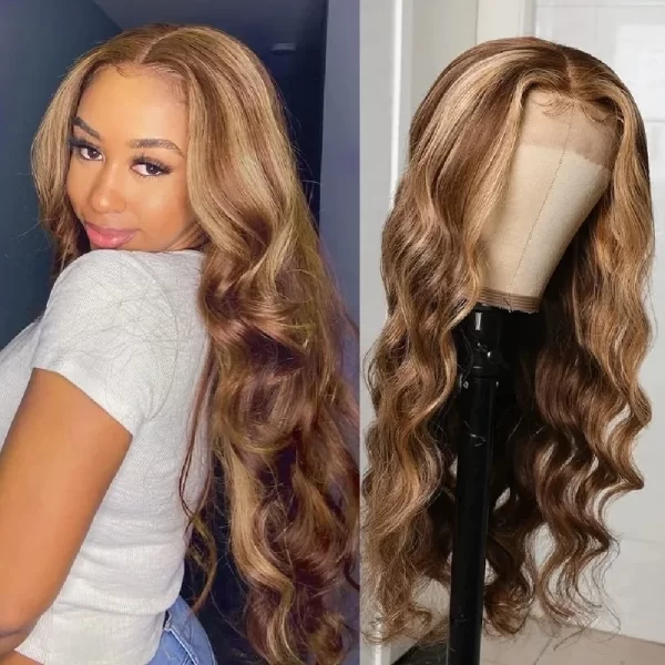 Highlight Lace Frontal Human Hair Body Wave Ombre Honey Blonde Human Hair Wig for Women