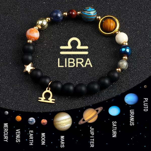 Universe Galaxy Eight Planets 12 Constellation Natural Stone Solar System Zodiac Bracelets