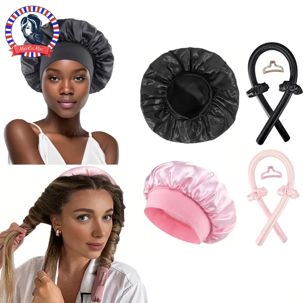 No Heat Hair Curler with Hair Claw Clip and Soft Sleeping Satin Cap Set