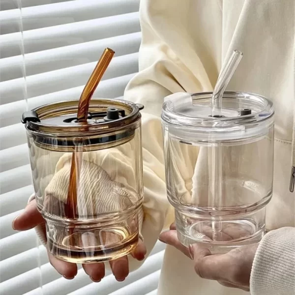 400/450ml Coffee Mug Simple Stripe Glass Cup With Lid and Straw