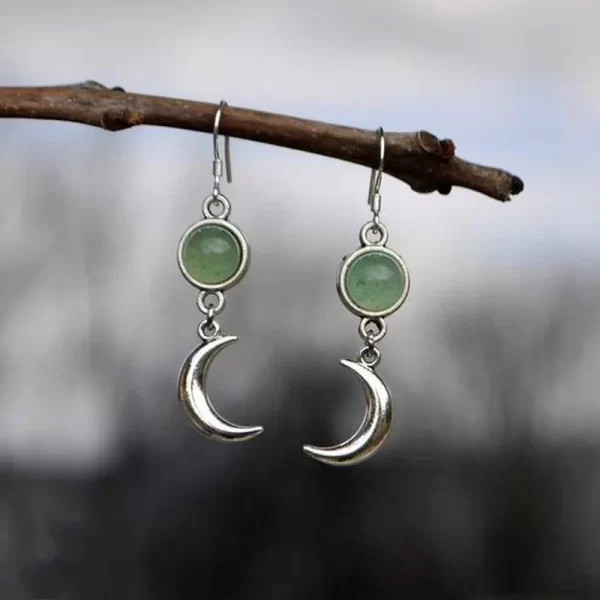 Creative Personality Silver Color Moon Earrings Exquisite Round Inlaid Green Stone