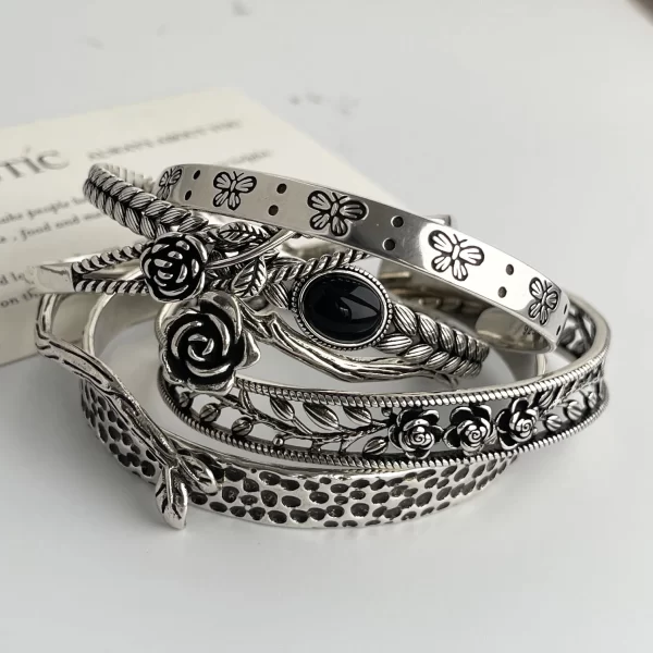925 Sterling Silver Bracelets for Women Vintage Simple Rose Flower Pendant