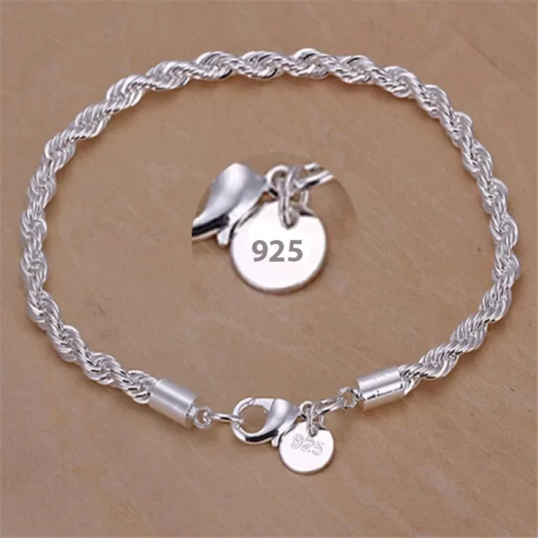 New High quality 925 Sterling Silver 4MM Twisted Rope Bracelets Fashion Jewelry