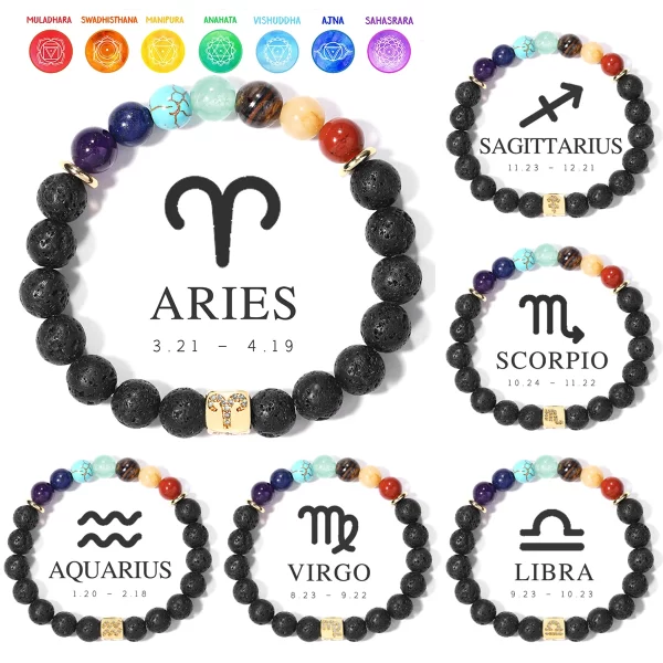 12 Zodiac with 7 Chakra Energy Natural Volcanic Stone Beads 8mm Bracelets
