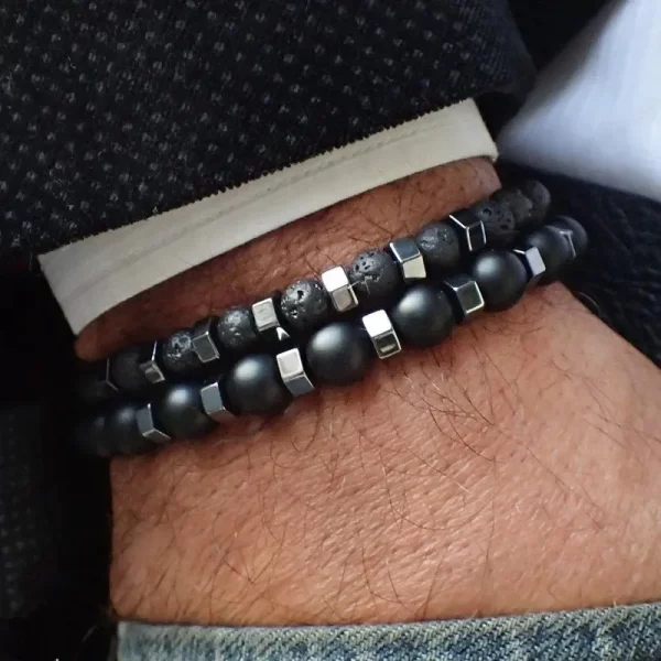 New Frosted Black Bead Volcanic Stone Men’s Bracelet Set Double Layer