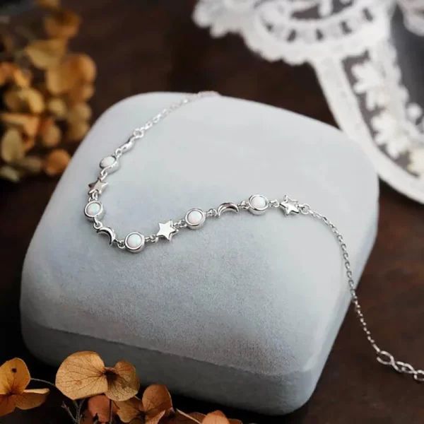 OXTAO Unique Design White Artificial Opal Bracelet Women's Fashion Star & Moon Real 925 Silver Fine