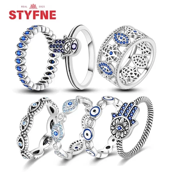 Sterling Silver Blue Evil Eyes Ring Lucky Sign Rings for Women