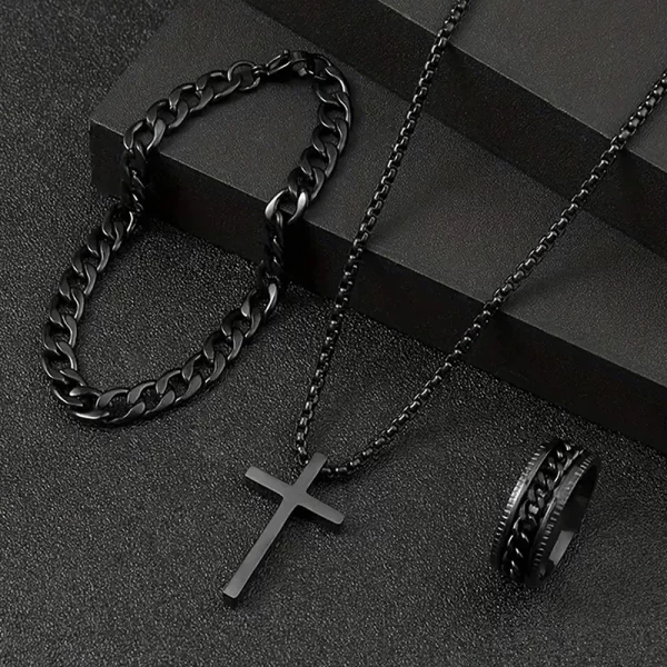 3Pcs Punk Cross Pendant Necklace Bracelet Chain Ring Men's Set