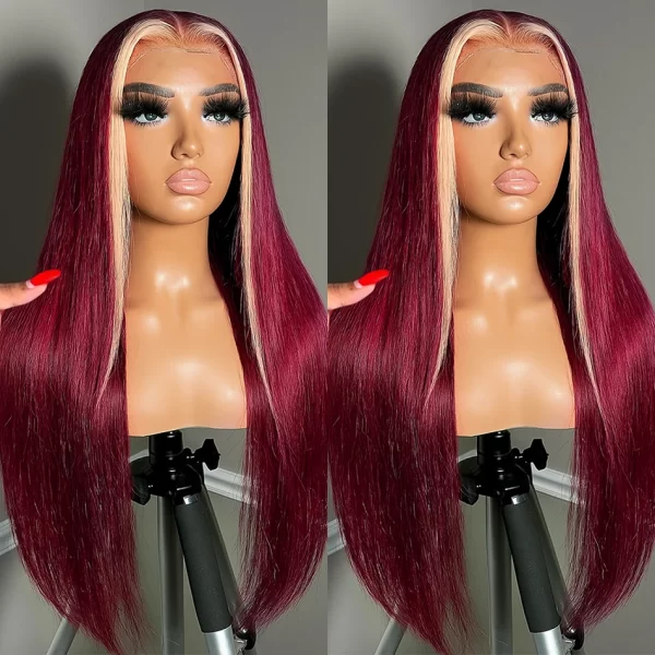 99J Straight 13x4 Lace Frontal Wigs Human Hair Brazilian Burgundy 613 Highlighted Preplucked Wig