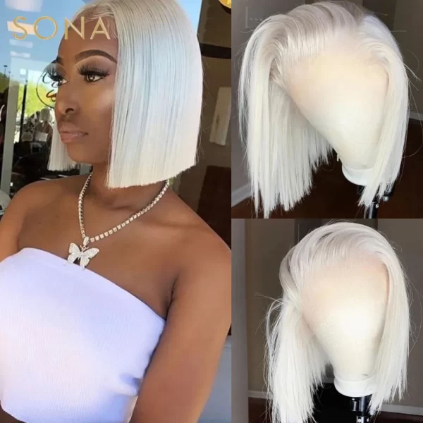 White Platinum Ash Blonde Bob Lace Front Wig Human Hair Pre Plucked Brazilian Remy Straight