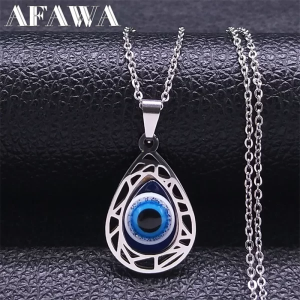 Turkish Evil Blue Eye Pendant Necklace for Women and Men Stainless Steel Silver