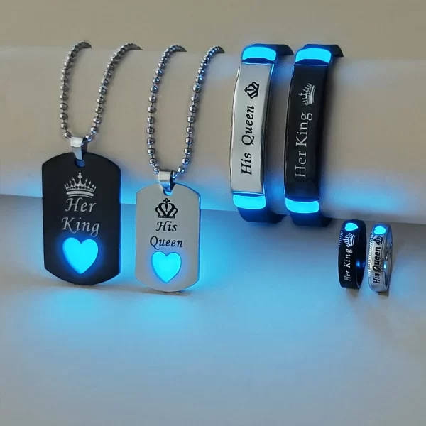 6-Piece Set Luminous Heart And Crown/Her King His Queen Couple Necklace Ring Bracelet