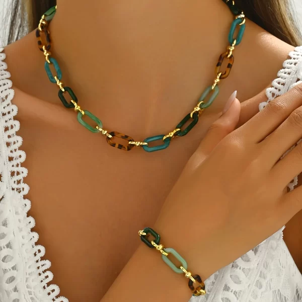 Multi-Color Boho Modern Resin Jewelry Set Gold Chain Necklace & Bracelet
