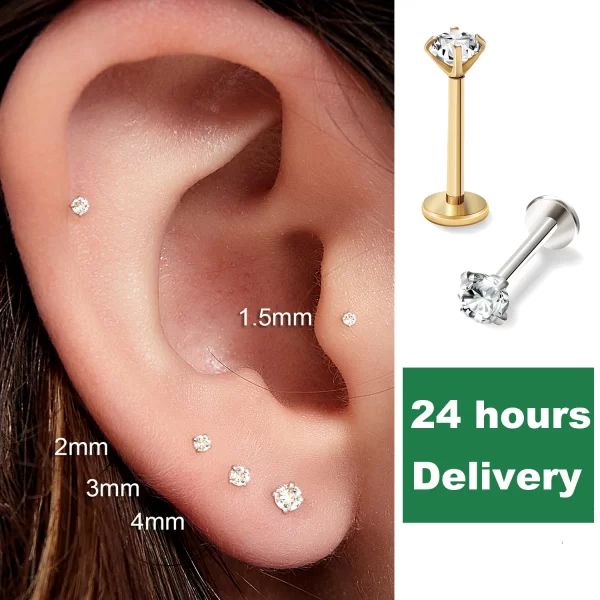8PCS Stainless Steel Earring Nose Stud Cartilage Piercing Helix Tragus Lip Flat Back Tiny Earrings for Women 18G